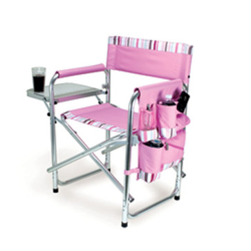 Picnic Time Sports Chair Aluminum chair w/fold-out table, ins. drink holder-Pink with Stripes