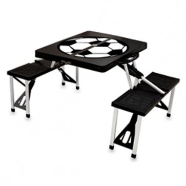 Picnic Time Picnic Table Portable table with 4 bench seats folds into carrying case-Black w/Soccer