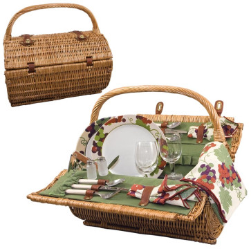 Picnic Time Barrel 18.5" Willow basket w/dlx service for 2-Pine Green w/Nouveau Grape