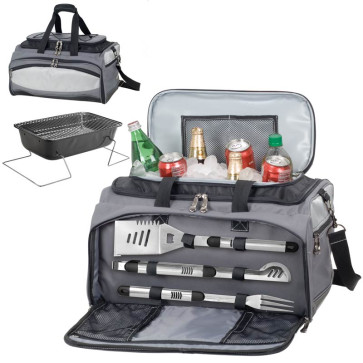 Picnic Time Buccaneer Insulated cooler tote w/3 pc BBQ tools and grill inside tote-Black 175