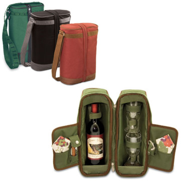Picnic Time Estate Single bottle dlx wine tote w/wine service for 2-Black and Gray w/Blue stripe