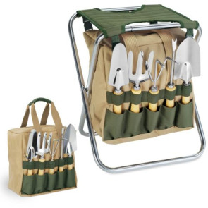 Picnic Time Gardener Folding Seat with Tools Olive Green and Tan